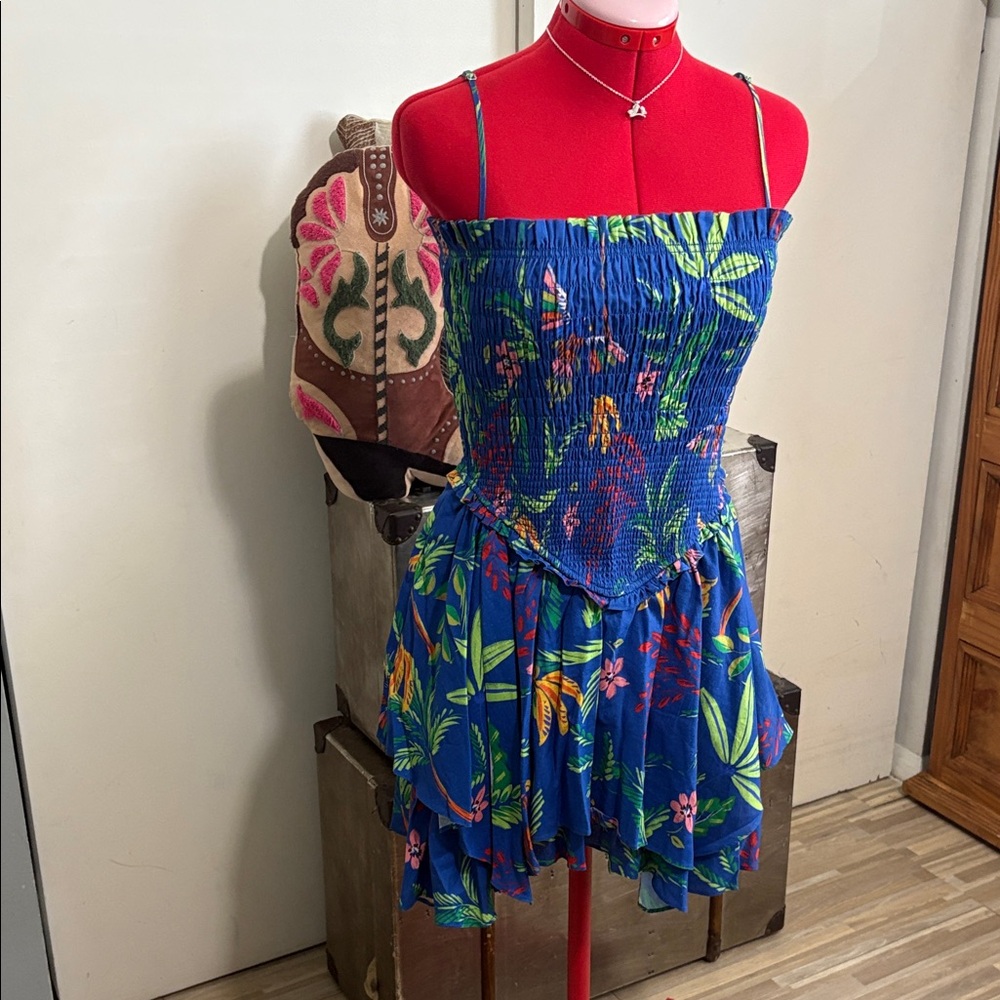 Chelsea & Violet Blue Tropical Smocked Mini Dress